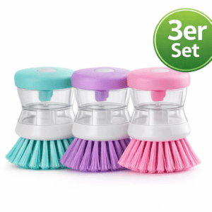 Spülbürste mit Seifenspender – 3er Set (Blau, Lila, Pink)