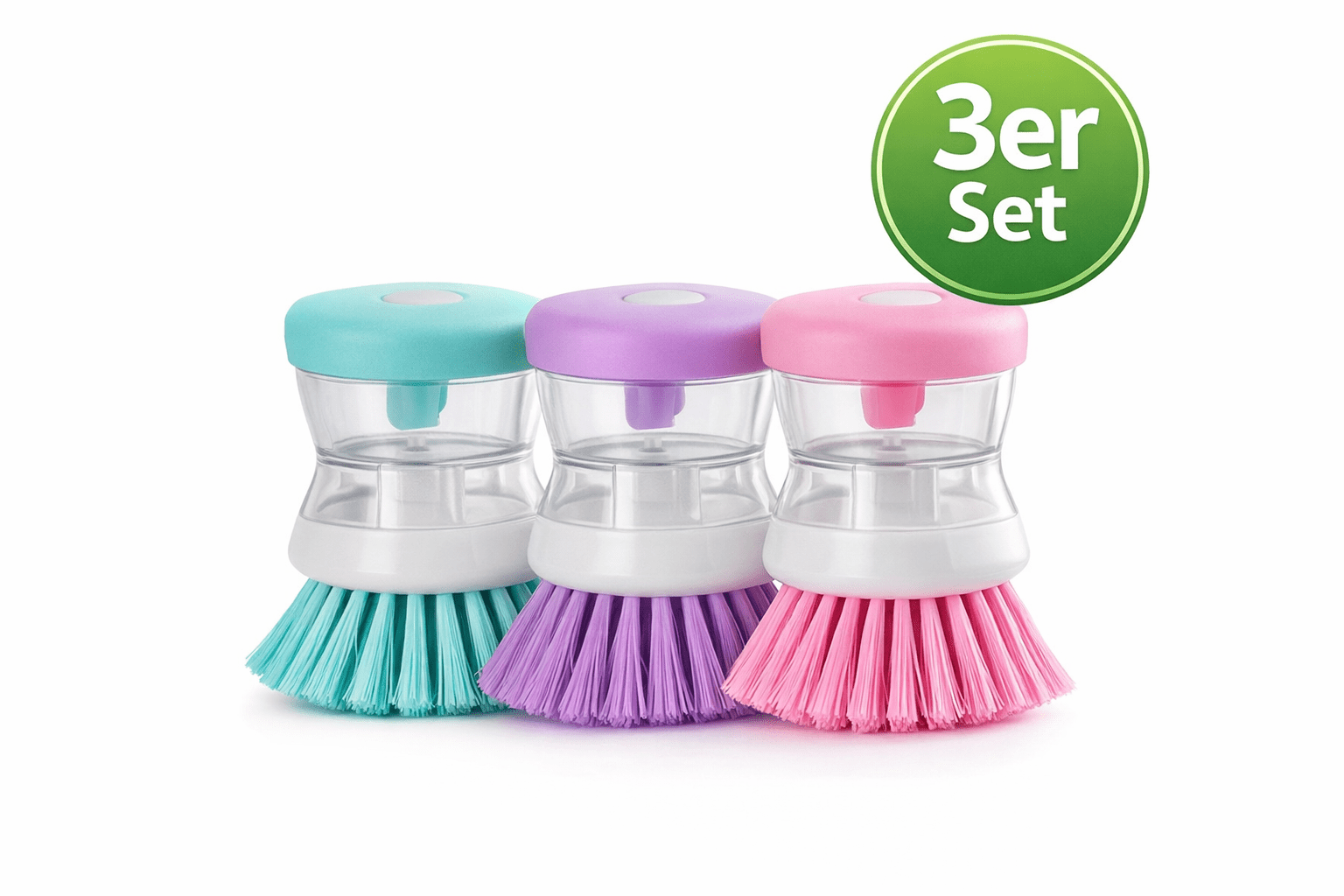 Spülbürste mit Seifenspender – 3er Set (Blau, Lila, Pink)